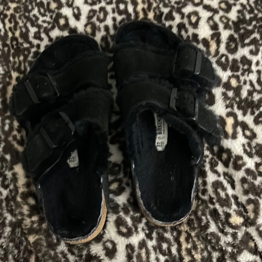 Black fluffy Birkenstocks